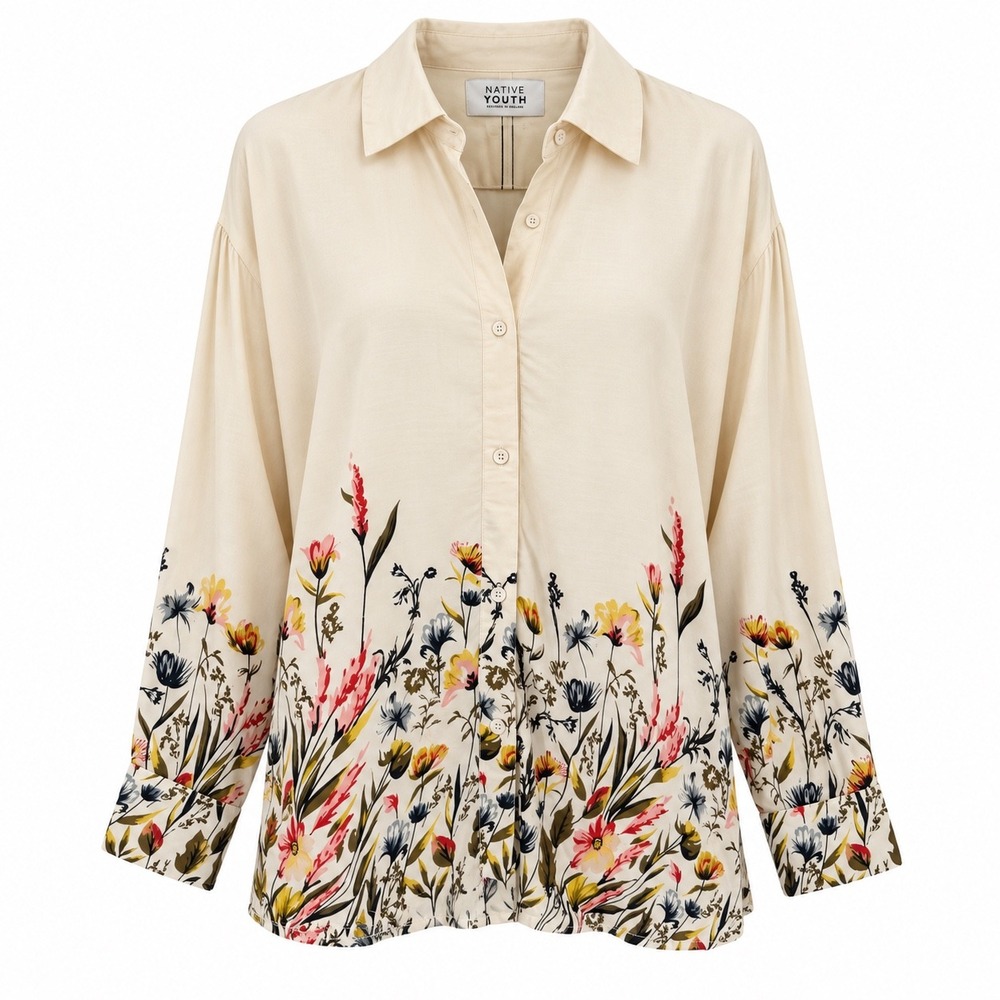 Native Youth Floral Border Print Button Down Shirt Cream EcoVero Viscose Small